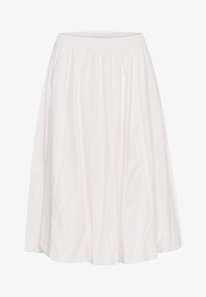 Jupe midi blanche en tissu léger, dotée d'une taille élastique et d'un design froncé qui se termine par un ourlet évasé.