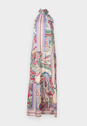 Abito maxi con scollo a halter, tessuto stampato con motivi floreali e paisley in rosso, verde, rosa e blu, con una silhouette fluida.