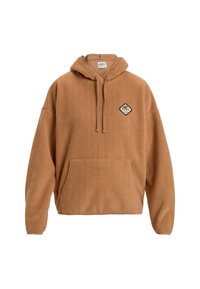 Brown, fluffy fleece hoodie with a front pocket and adjustable drawstring hood. Features a diamond logo patch on the left chest area.