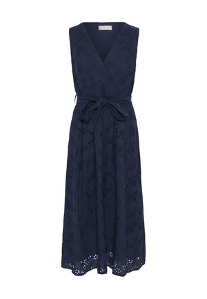 Navy blue sleeveless wrap dress featuring a v-neckline, tie waist, and floral eyelet embroidery throughout. Flowy silhouette with a layered hem.
