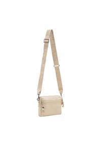 Borsa a tracolla beige con un'esterno liscio, tracolla regolabile, cerniere e nappe decorative. Presenta una forma rettangolare e un design minimalista.