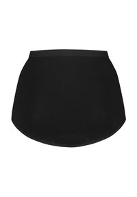 Zwarte hooggeribbelde slip met een gladde textuur, elastische tailleband en een ronde zoom. Eenvoudig ontwerp, geschikt voor dagelijks gebruik.