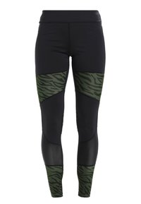 Czarne legginsy sportowe z siateczkowymi panelami i zielonymi akcentami w paski tygrysa po bokach. Wykonane z elastycznego, oddychającego materiału.