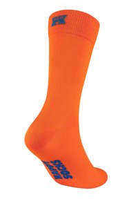 Pomarańczowa syntetyczna skarpetka z prążkowanym brzegiem i niebieskim logo "HURT SOCKS" po bokach. Gładka tekstura i długość do kostki.