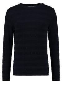 Pull à manches longues bleu marine avec un motif à rayures texturé, col rond et trois boutons décoratifs sur l'épaule gauche.