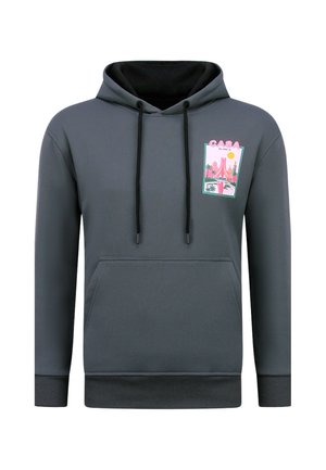 Donkergrijze hoodie met zwarte trekkoorden, voorzak en een kleurrijke kleine afbeelding op de borst met palmbomen en gebouwen met de tekst "CASA BLANCA".