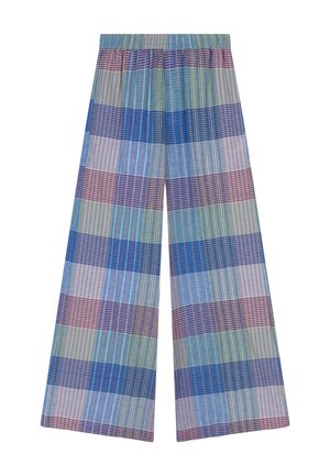 Loszittende broek met wijde pijpen in een meerkleurig geruit patroon met blauw-, paars-, rood- en groentinten en een elastische tailleband.