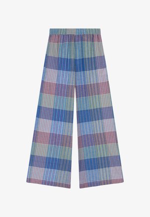 Loszittende broek met wijde pijpen in een meerkleurig geruit patroon met blauw-, paars-, rood- en groentinten en een elastische tailleband.