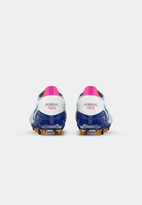 Soccer cleats with a white synthetic upper, blue sole, pink accents, and gold studs; "MORELIA" and "neo" logo on the back.