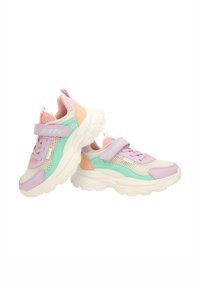Bunte Sneakers mit pastellfarbenem Lavendel-, Minzgrün- und Pfirsichakzenten. Aus Netz- und Synthesematerialien mit einer klobigen weißen Sohle gefertigt.