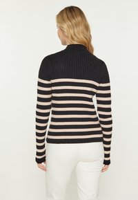 Pulover tricotat cu dungi, negru cu dungi orizontale bej, guler înalt, design ajustat, mâneci lungi, țesătură texturată, detalii minime.