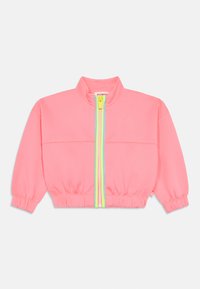 Ροζ κοντό μπουφάν με ψηλό γιακά, διαθέτει πολύχρωμο φερμουάρ και ελαστικές μανσέτες. Λείο ύφασμα με ριμπ ζώνη στη μέση.