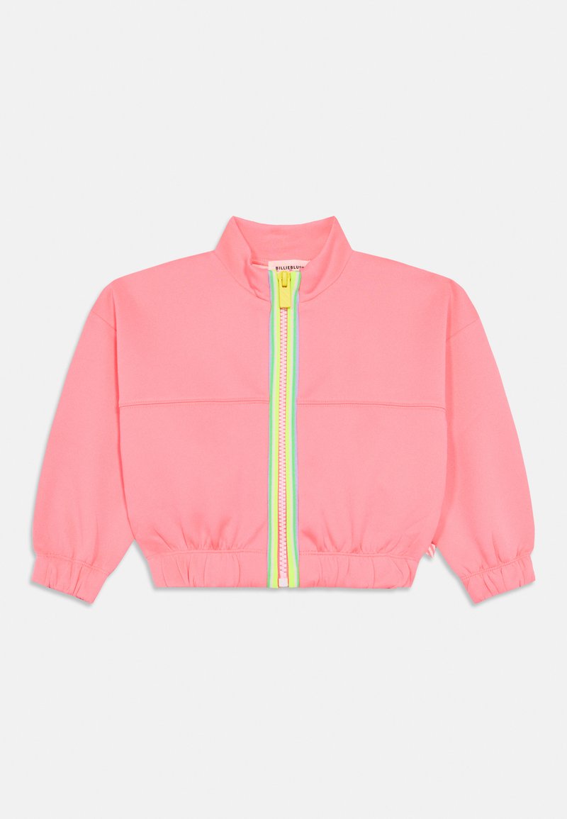 Ροζ κοντό μπουφάν με ψηλό γιακά, διαθέτει πολύχρωμο φερμουάρ και ελαστικές μανσέτες. Λείο ύφασμα με ριμπ ζώνη στη μέση.