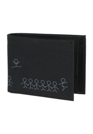 Portefeuille noir bi-pli avec une rangée de simples petits bonshommes gris se tenant la main, l'un sautant au-dessus des autres et un autre dansant à la fin.