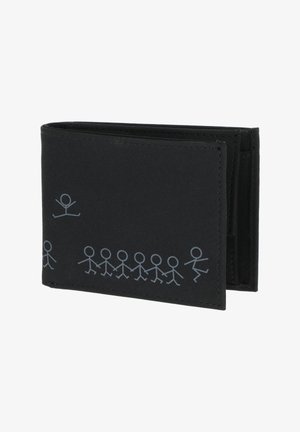 Black bi-fold wallet with a row of simple gray stick figures holding hands, one jumping above the rest and one dancing at the end.