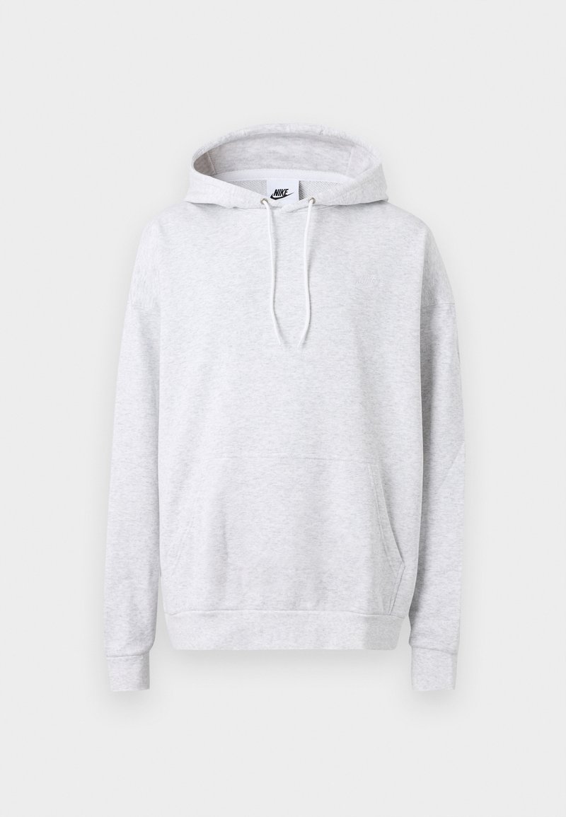 Graue Kapuzenjacke aus weich gewebtem Baumwoll-Mix. Sie hat lange Ärmel, eine vordere Kängurutasche, eine verstellbare Kapuze und ein kleines Logo auf der Brust.