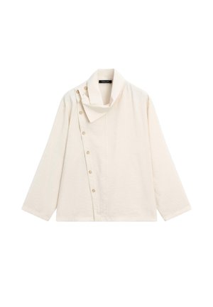 Cremefarvet langærmet jakke med asymmetrisk knaplukning og bred krave, designet i en løs, minimalistisk stil.