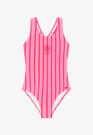 Rosa Einteiler-Badeanzug mit vertikalen roten Streifen und kleinem Sonnenlogo mit dem Text "Laid Back Since" auf der Brust.