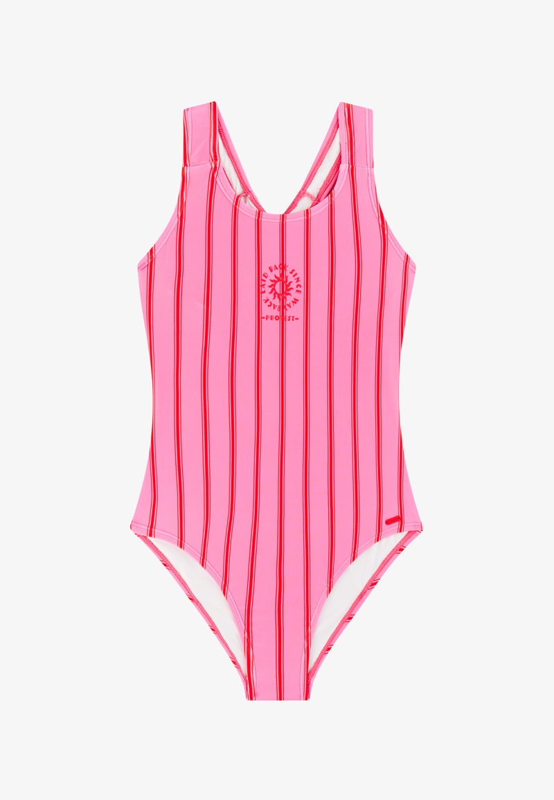 Roze eendelig badpak met verticale rode strepen en een klein zonlogo met de tekst "Laid Back Since" op de borst.