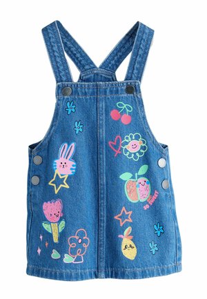 Jeans-Latzhose in Blau mit verstellbaren Trägern, versehen mit bunten, verspielten Grafiken wie Früchten, Blumen und einem Hasen auf der Vorderseite.