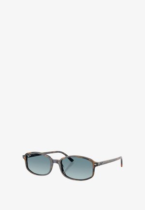 Occhiali da sole rettangolari tartarugati con lenti a gradiente scuro e logo Ray-Ban sulle aste e nell'angolo della lente.