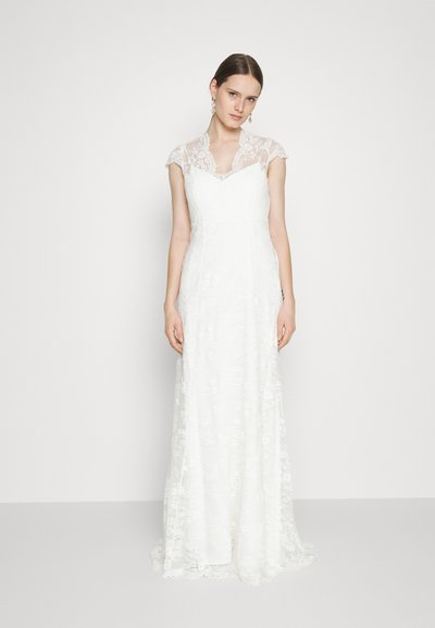 Weißes Spitzen-Hochzeitskleid mit kurzen Kappenärmeln, V-Ausschnitt, filigranen Blumenmustern und einer fließenden A-Linien-Silhouette.