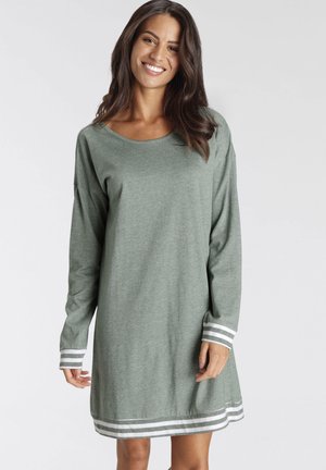 Long-sleeve, green dress made of soft fabric. Features white striped accents at the cuffs and hem, with a rounded neckline and relaxed fit.