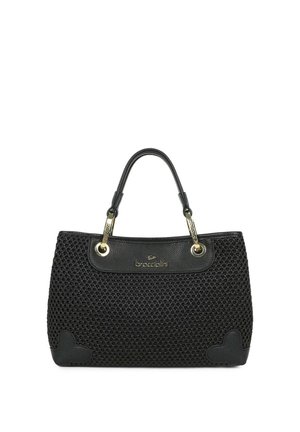Borsa nera testurizzata con doppi manici, ferrature dorate e logo "braccialini" sul pannello frontale.