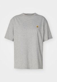 Gray cotton t-shirt with a round neck and short sleeves. Features a small embroidered logo in yellow on the left chest area.