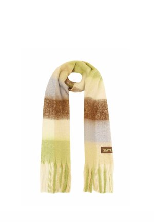 Soft wool scarf with horizontal stripes in green, brown, beige, and gray tones, featuring fringed ends and a small brand tag.