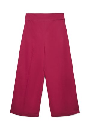 Pantaloni a gamba larga a vita alta, taglio corto, in magenta solido con vita liscia senza chiusure o tasche visibili.