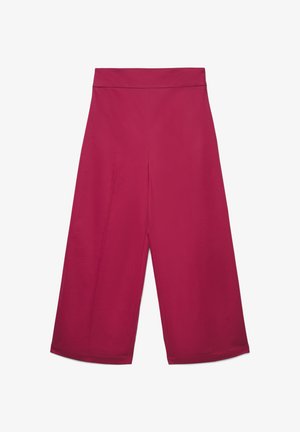 Pantaloni a gamba larga a vita alta, taglio corto, in magenta solido con vita liscia senza chiusure o tasche visibili.