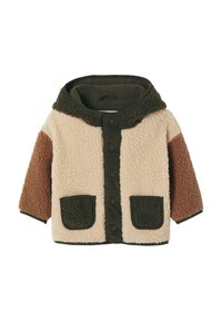 Fleece-Jacke mit beigem Körper, braunen und dunkelgr ünen Akzenten, Kapuze, zwei Fronttaschen und Druckknöpfen. Weicher Stoff und lässiges Design.