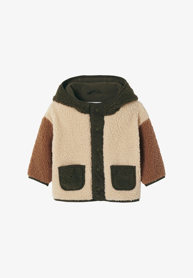 Fleece jacket with a beige body, brown and dark green accents, a hood, two front pockets, and snap buttons. Soft texture and casual design.