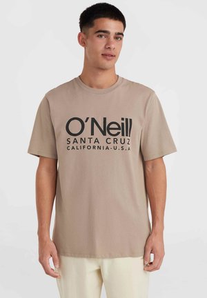 Camiseta de algodón beige con un gran estampado gráfico negro con el texto "O'Neill SANTA CRUZ CALIFORNIA U.S.A." centrado en el frente. Mangas cortas.