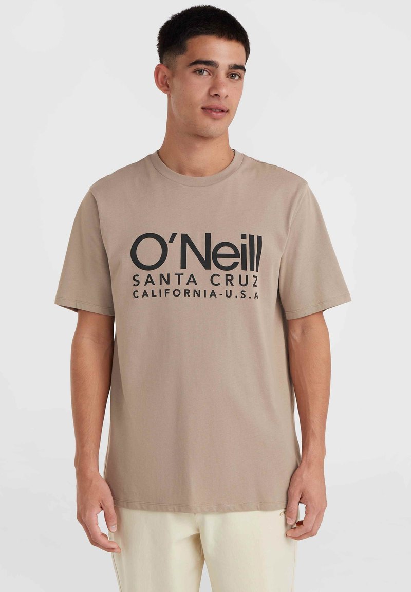 Bežinis medvilninis marškinėliai su dideliu juodu grafiniu piešiniu, kuriame centre užrašyta "O'Neill SANTA CRUZ CALIFORNIA U.S.A." Trumpomis rankovėmis.