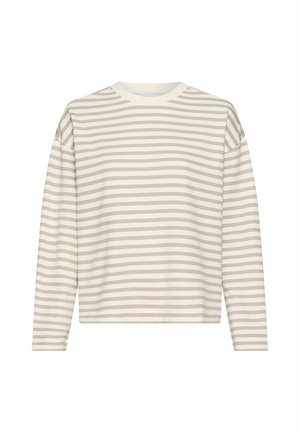 Lang shirt met beige en witte horizontale strepen en een ronde hals op een effen achtergrond.