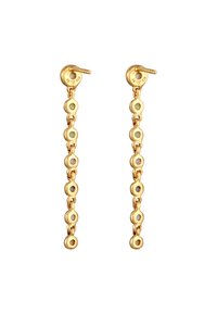 Guldtonade hängörhängen har sammanlänkade cirkulära former med öppna mittpunkter, som visar subtila ädelstenar för extra detalj.