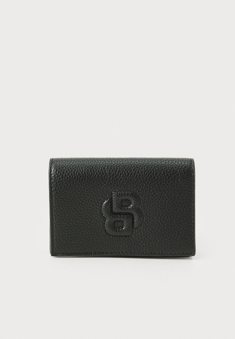 Black textured leather wallet with embossed logo. Compact rectangular shape, featuring a grainy finish and clean edges.
