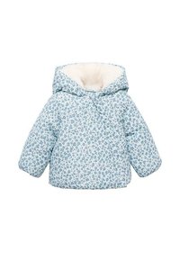 Giubbotto piumino trapuntato blu chiaro con motivo floreale bianco, cappuccio e morbida fodera bianca. Presenta maniche lunghe e una chiusura con cerniera.