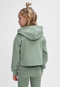 Korte hooded sweatshirt in lichtgroene katoenmix, met een soepele textuur en lange mouwen. Draagt samen met geribbelde bijpassende broeken.