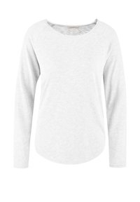 Hellgraues langärmliges Shirt aus weichem Stoff, mit rundem Halsausschnitt und lockerer Passform. Glatte Textur, keine sichtbaren Muster oder Akzente.