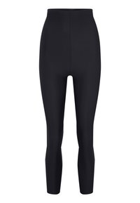 Höga svarta leggings gjorda av stretchigt tyg, med en jämn yta och ankel-lång design utan synliga sömmar eller dekorationer.