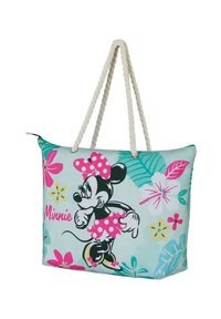 Bolsa de lona con un diseño en azul claro, hojas verdes y flores rosas. Incluye un personaje de dibujos animados, un lazo de lunares rosas y asas de cuerda.