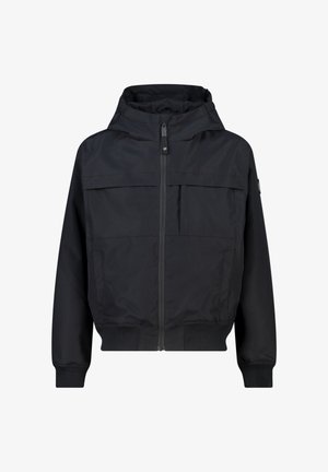 Zwarte capuchonjas van glad, lichtgewicht stof. Voorzien van een rits aan de voorkant, twee borstzakken en elastische manchetten. Ontworpen met een eenvoudige, minimalistische uitstraling.