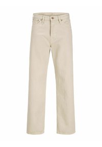 Béžové džíny s rovnými nohavicemi, zapínáním na knoflík, pěti kapsami a jemnými švy. Tkanina má hladký, mírně strukturovaný povrch.