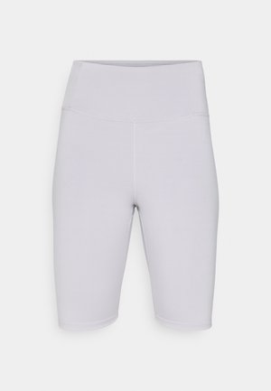 Pantaloni ciclismo grigi chiari realizzati in tessuto elastico, con vita alta e una superficie liscia senza motivi o dettagli visibili.