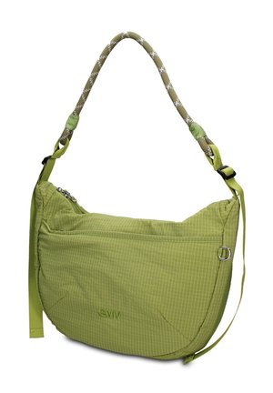 Groene stoffen schoudertas met roosterpatroon, rits bovenaan, buitenvak, verstelbaar koord en riemhandvatten, en een metalen ring aan de zijkant.