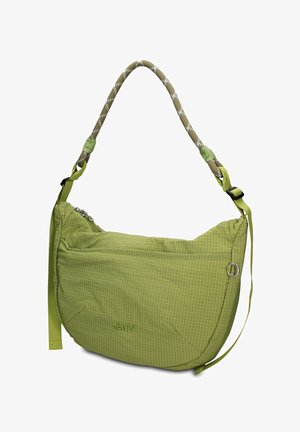 Borsa a tracolla in tessuto verde con motivo a griglia, chiusura con cerniera superiore, tasca esterna, corde regolabili e manici a tracolla, e anello metallico laterale.