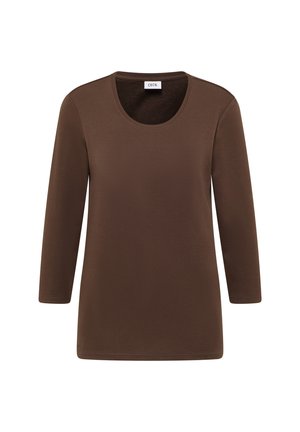 Bruine lange mouwen T-shirt van zachte katoen, met een ronde halslijn en een eenvoudig ontwerp zonder patronen of accenten.